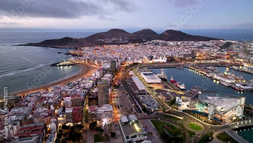 4k Aerial view of Las Palmas de Gran Canaria, the capital city of the Canary Islands. Spain. Playa de Las Canteras beach