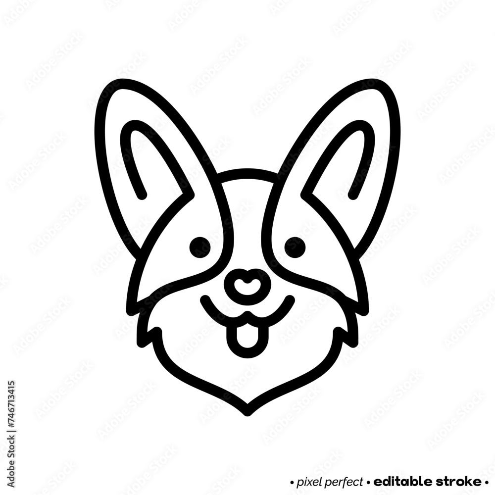 Welsh corgi head thin line icon. Dog breed. Editable stroke. Vector illustration.