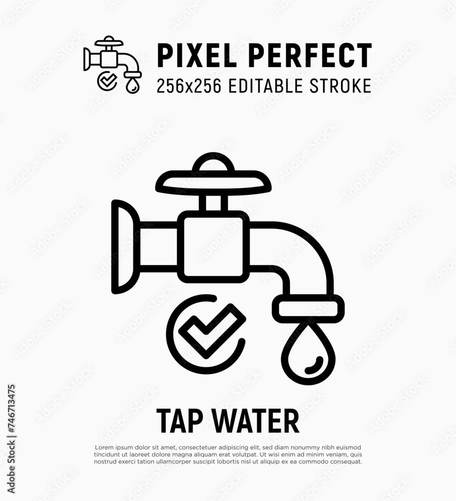 Tap water, faucet with water drop, plumbing thin line icon. Editable stroke. Vector illustration. Tap water, faucet with water drop, plumbing thin line icon. Editable stroke. Vector illustration.