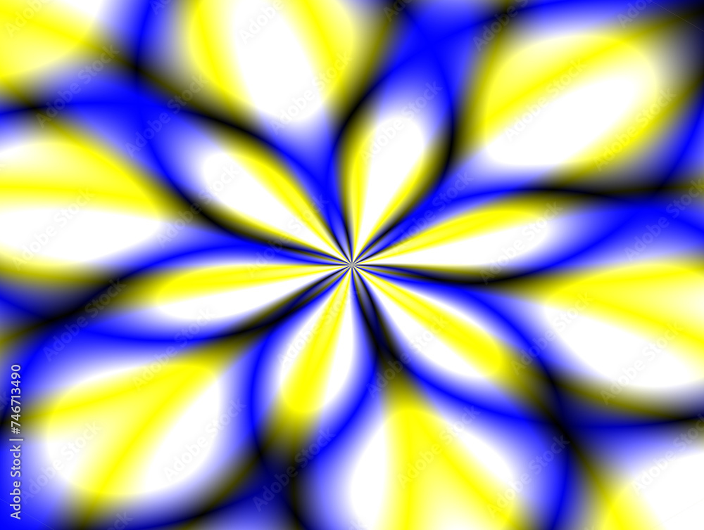 Kwiatowy kształt w niebiesko, żółto, białej kolorystyce z efektem rozmycia - graficzne abstrakcyjne tło - obrazy, fototapety, plakaty 