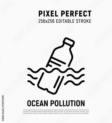 Ocean pollution, plastic bottle in the ocean thin line icon. Garbage in the water. Editable stroke. Vector illustration.