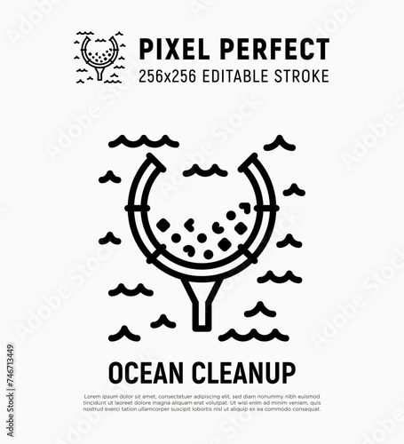 Ocean cleanup, save our oceans thin line icon. Garbage in the ocean. Editable stroke. Vector illustration.