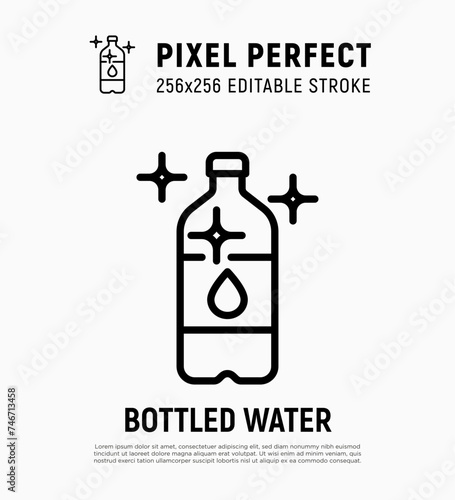 Bottled water thin line icon. Mineral water in plastic bottle. Editable stroke. Vector illustration.