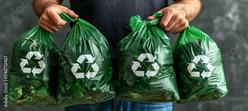 Set of biodegradable plastic bags with recycling symbol, eco friendly packaging solution
