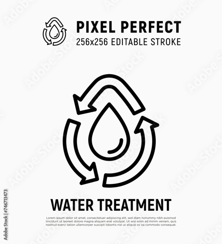 Water treatment, water drop in arrows, purification, filtration thin line icon. Editable stroke. Vector illustration.