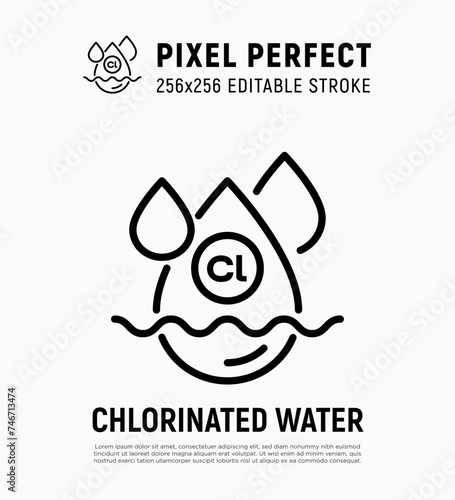 Chlorinated water, water purification, disinfection process thin line icon. Editable stroke. Vector illustration.