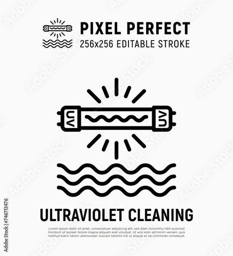 Ultraviolet cleaning of water thin line icon. Disinfection. Editable stroke. Vector illustration.