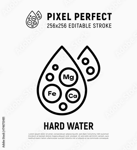Hard water thin line icon. Water drop with minerals. Editable stroke. Vector illustration.