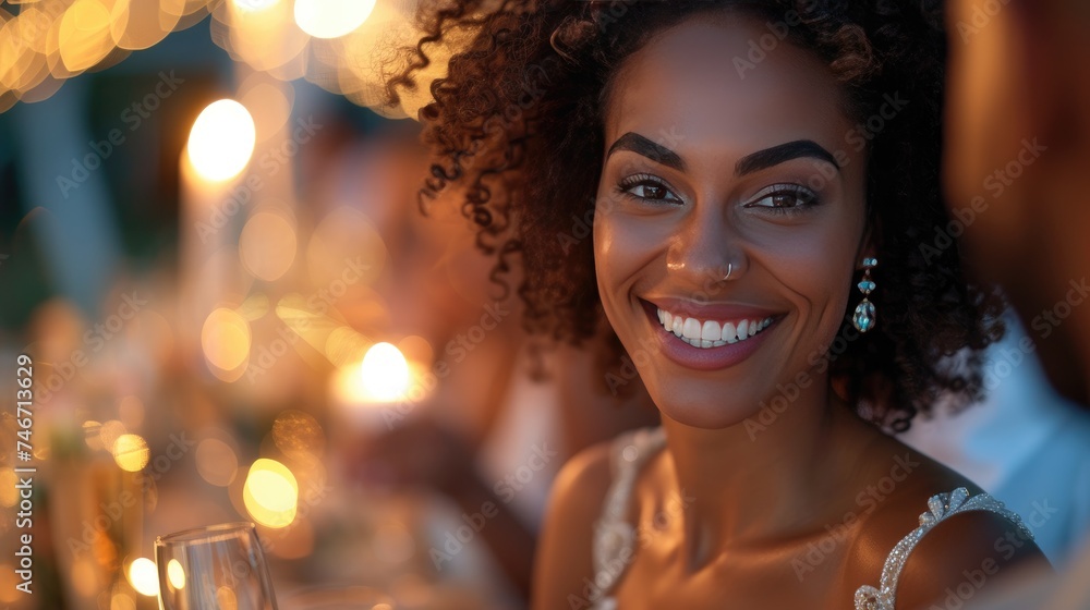 Radiant Smile at Dusk, Close-up of a joyous woman with a radiant smile, enjoying an elegant evening event, her eyes sparkling with happiness Radiant Smile at Dusk, Close-up of a joyous woman with a radiant smile, enjoying an elegant evening event, her eyes sparkling with happiness
