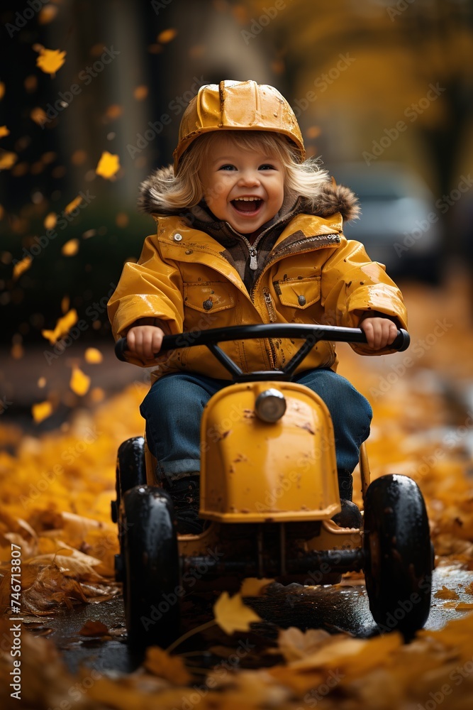 child driving a toy car in autumn leaves on a park, in the style of photo-realistic landscapes, dark aquamarine and yellow, photobash, happycore, wimmelbilder, fantastic