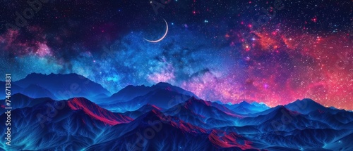 Mystical Mountain Landscape, Vibrant Digital Painting, A digital painting of a mountain landscape under a starry sky with a bright crescent moon, featuring vibrant colors.