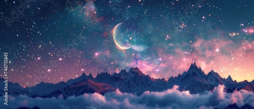 Mystical Mountain Landscape, Vibrant Digital Painting, A digital painting of a mountain landscape under a starry sky with a bright crescent moon, featuring vibrant colors. © Gasi