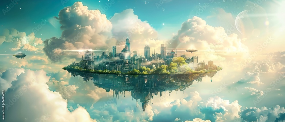 Floating Island Cityscape, Sci-fi fantasy cityscape with advanced architecture and celestial sky, Digital art depicting a futuristic vision