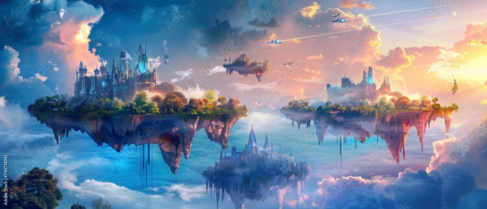 Floating Island Cityscape, Sci-fi fantasy cityscape with advanced architecture and celestial sky, Digital art depicting a futuristic vision