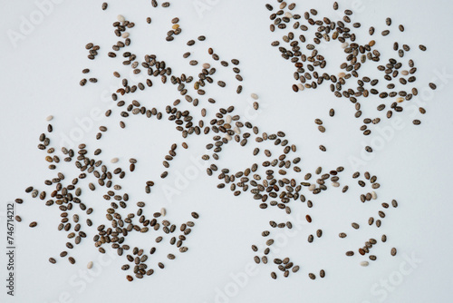 Chia seeds scattered over white background