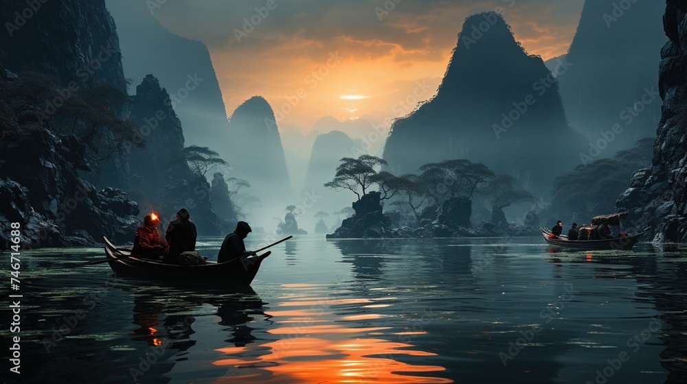 fishermen fish in a lake, in the style of rendered in cinema, captures the essence of nature, mountainous vistas, atmospheric woodland imagery, webcam photography, orange and gray, 32k uhd - obrazy, fototapety, plakaty 