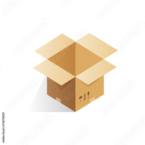 Isometric open empty cardboard box, opening simple paper parcel vector illustration