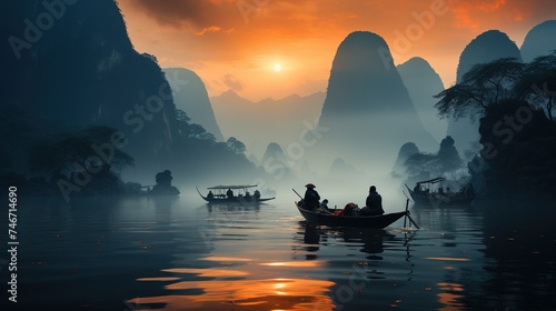 fishermen fish in a lake, in the style of rendered in cinema, captures the essence of nature, mountainous vistas, atmospheric woodland imagery, webcam photography, orange and gray, 32k uhd