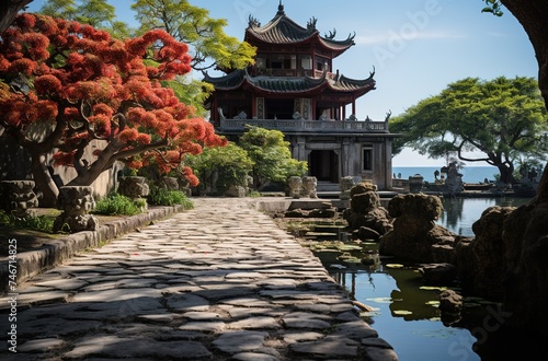 pagoda on the island, in the style of revived historic art forms, calligraphy-inspired, murals and wall drawings, architectural transformations, nostalgic charm