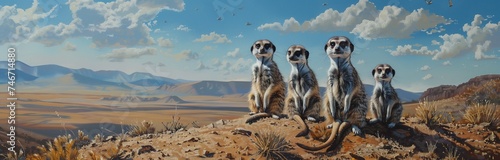 a big family of suricate standing on the watch out in the sunny desert