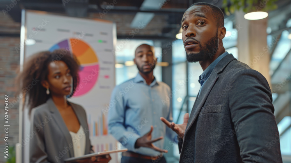 Three professionals are discussing data and charts on a presentation board in a modern office setting. Three professionals are discussing data and charts on a presentation board in a modern office setting.