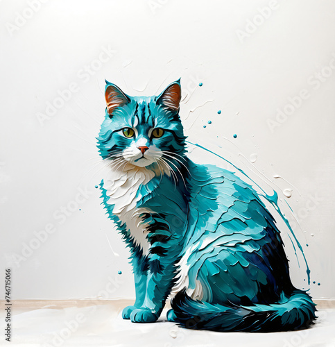 A turquoise Siberian cat in impasto painting style against a white background. Decorative thick layers of paint and blobs of several layers of thick paint.