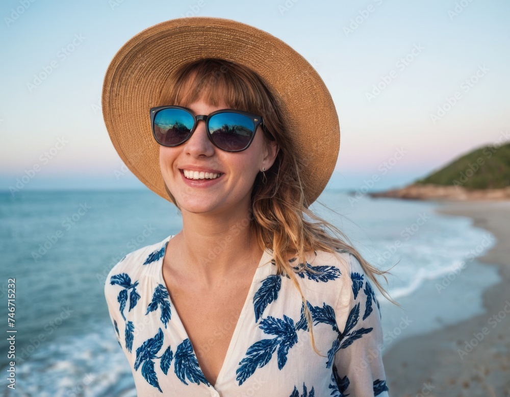 Portrait of cheerful caucasian young woman with hat enjoying sunset at the beach Portrait of cheerful caucasian young woman with hat enjoying sunset at the beach