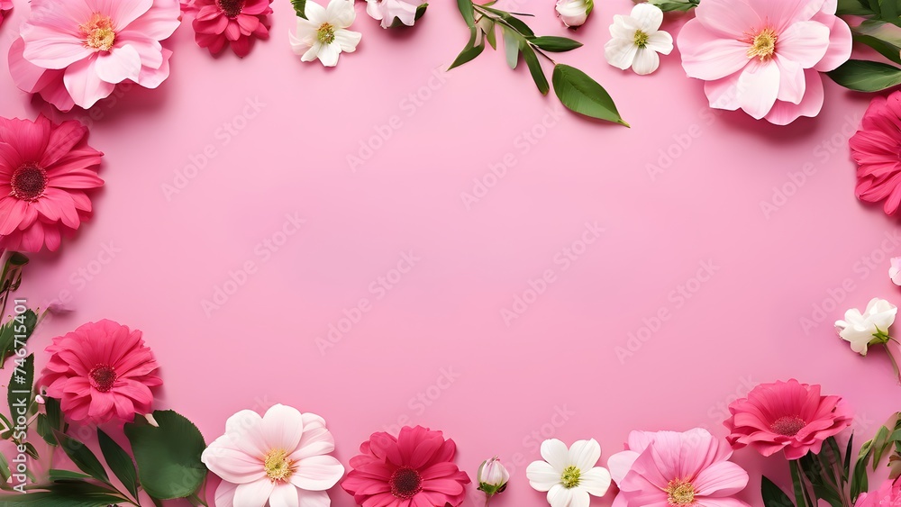 Fototapeta premium Vintage greeting card with flowers on pink background. Empty space Wedding invitation cards. Valentine's Day, Mother Day, Women's day, birthday or anniversary greeting card