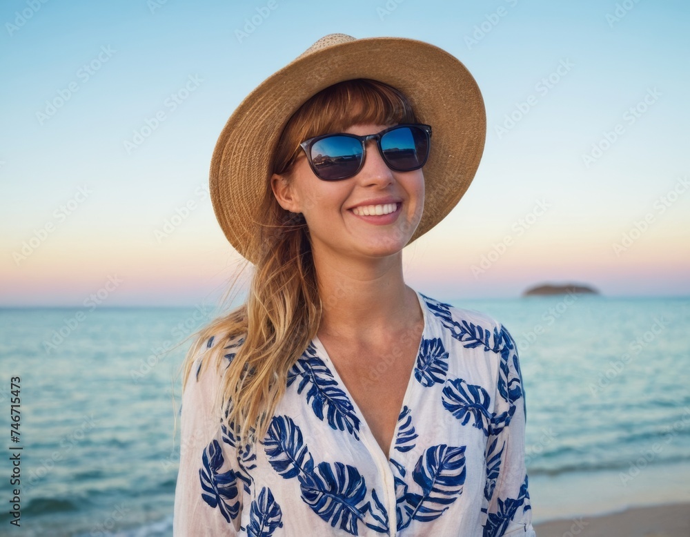 Portrait of cheerful caucasian young woman with hat enjoying sunset at the beach Portrait of cheerful caucasian young woman with hat enjoying sunset at the beach