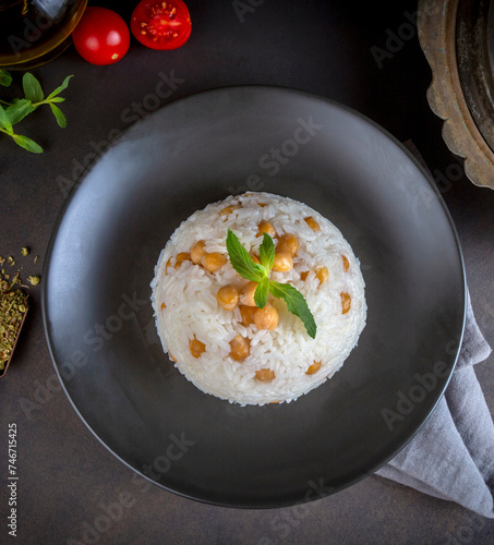 Turkish Rice with chickpea served, Turkish name; Nohutlu pilav or pilaf