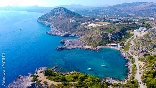 Ladiko beach and Anthony Quinn Bay aerial panoramic view in Rhodes island in Greece. Drone photography. © Esin Deniz