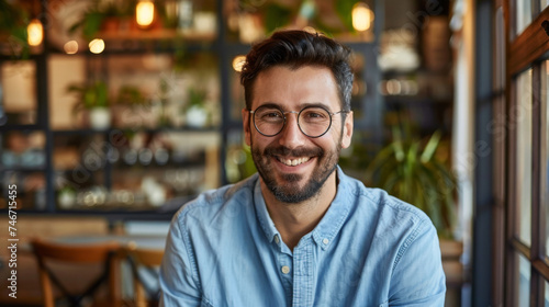 A cheerful man wearing glasses and a casual denim shirt, smiling warmly in a cozy indoor setting with natural light enhancing the ambiance.