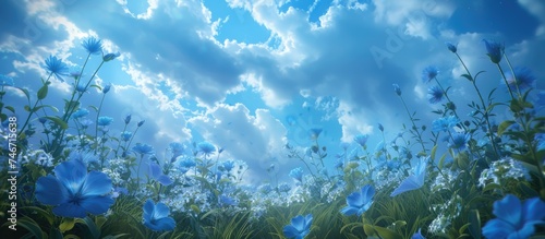 A field of vibrant blue flowers swaying gently under a cloudy blue sky. The flowers create a beautiful contrast against the overcast backdrop, adding a touch of color to the landscape.