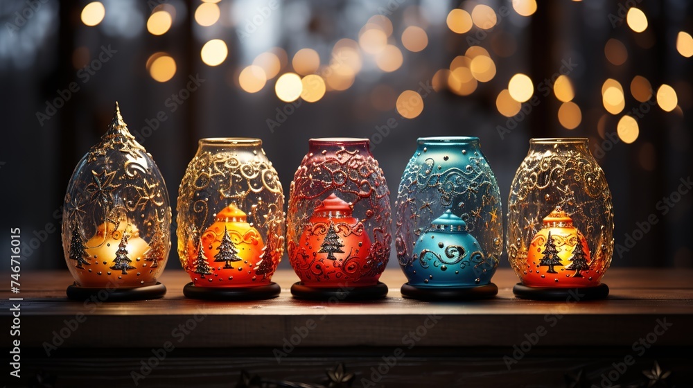 christmas lanterns on wooden table and christmas tree, in the style of spectacular backdrops, colorful whimsy, luminous pointillism, colourful, night photography - obrazy, fototapety, plakaty 