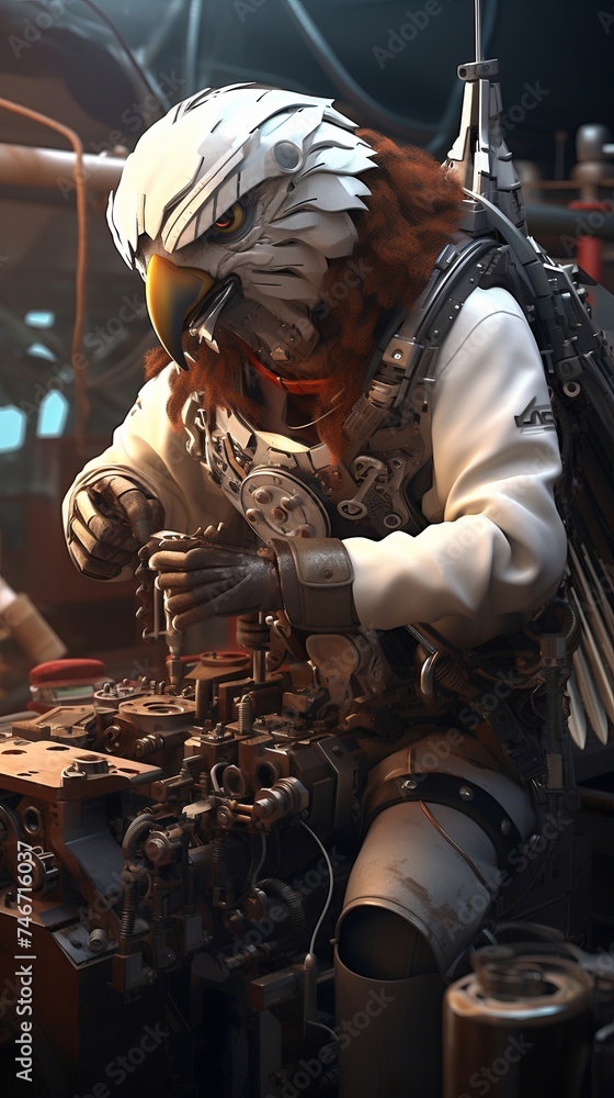 A mechanic robot with an eagle head, skillfully repairing vehicles with precision and a keen eye., cinematic style