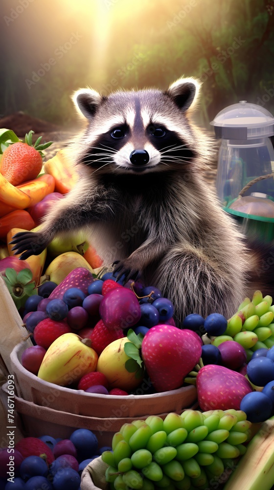 A curious raccoon peeks out from a vibrant selection of fresh fruits under a sunlit backdrop, evoking a sense of natural abundance.
