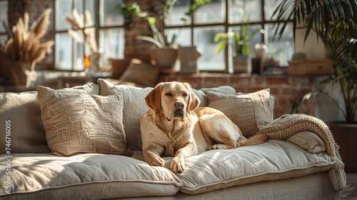 Favorite pet dog lies on the sofa in the living room. Difficulties of keeping a dog in the house.