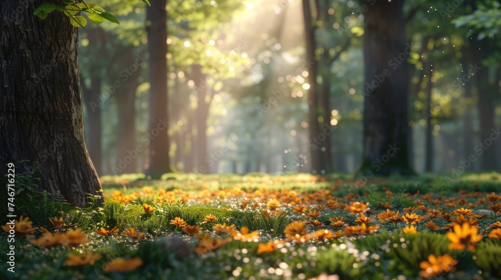 Magical Forest Sunrise, serene forest at sunrise, with light piercing through the canopy to highlight a carpet of orange flowers, invoking a sense of peace and the beauty of early morning in nature Magical Forest Sunrise, serene forest at sunrise, with light piercing through the canopy to highlight a carpet of orange flowers, invoking a sense of peace and the beauty of early morning in nature