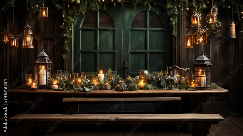 christmas scene with lights over a wooden table, in the style of dark gold and green, rtx on, photobash, commission for, tabletop photography, sharp/prickly