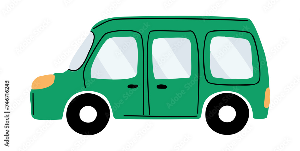 Cartoon passenger minivan car. Side view. Doodle Icon, Logo, print template. Cute empty green automobile. Kids road transportation vehicle. Hand drawn Vector illustration on transparent background.