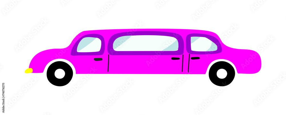 Pink Limousine, long stretched car. Limo, luxury VIP automobile. Premium prestige classy expensive large auto transport, road vehicle. Cartoon flat vector illustration on transparent background.
