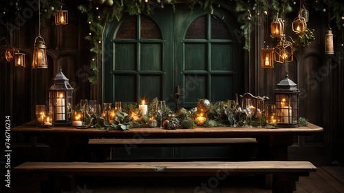 christmas scene with lights over a wooden table, in the style of dark gold and green, rtx on, photobash, commission for, tabletop photography, sharp/prickly