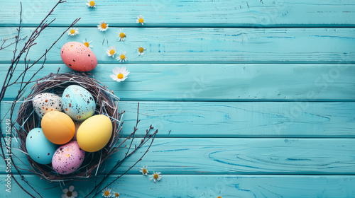 Colorful easter eggs on blue wood