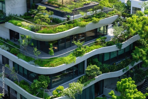 A cozy building with a terrace  luxurious green roof gardens and the following lines  sublime and visionary. Abandoned overgrown high-rise buildings  the apocalypse