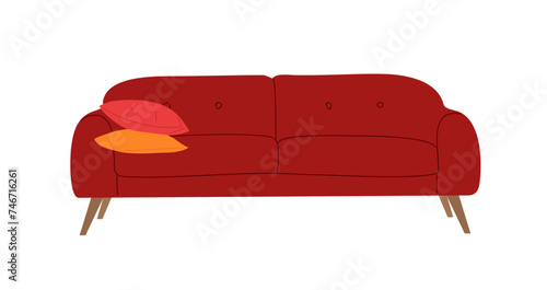 Stylish comfortable red sofa with orange pillows. Mid century modern furniture, interior element. Elegant couch, divan for scandinavian design. Vector flat illustration on transparent background. photo