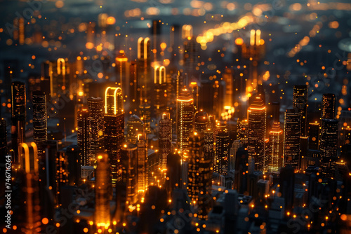 3d render of a complex wireframe cityscape at night with glowing edges