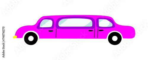 Pink Limousine, long stretched car. Limo, luxury VIP automobile. Premium prestige classy expensive large auto transport, road vehicle. Cartoon flat vector illustration on transparent background.