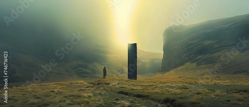 A man or a monk or a pilgrim next to a surreal mystical black stone or a giant sculpture in a valley among the mountains in a minimalist style. A ceremonial, religious, or mysterious sacred place