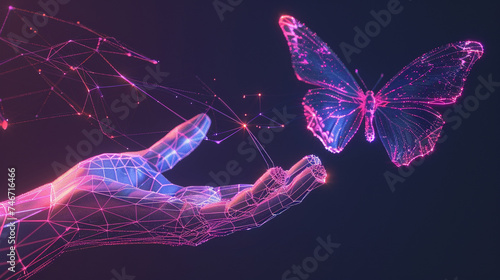 3d render of a wireframe hand reaching towards a digital butterfly