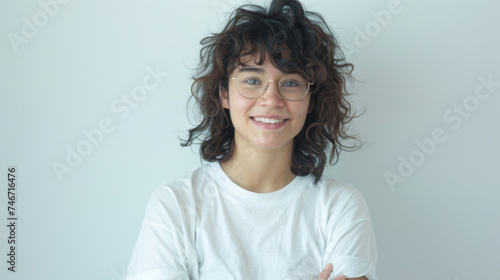 A joyful woman with glasses smiling broadly and standing with her arms crossed in a relaxed manner. photo